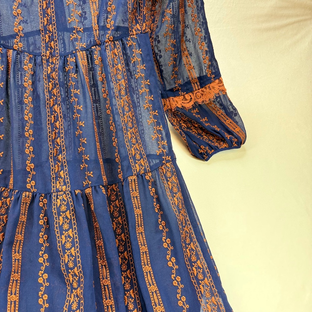 BCBGMAXAZRIA Navy Blue Orange Embroidered Lace Trim Maxi Dress Long Sleeve XXS - Picture 3 of 16